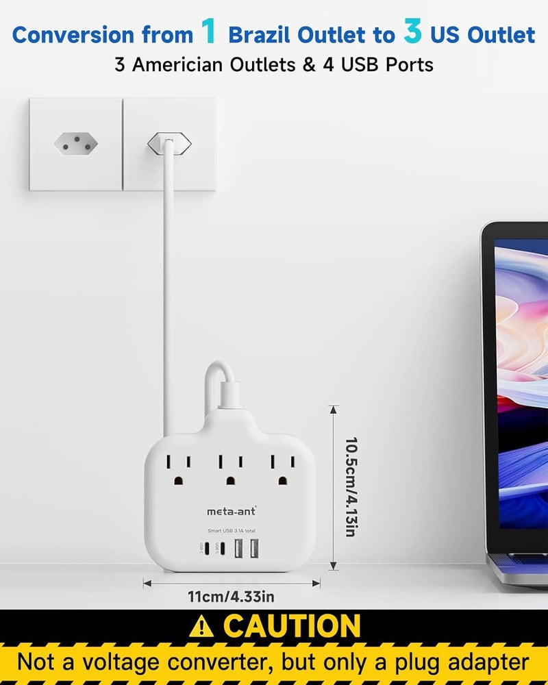 meta-ant Brazil Power Adapter with 5FT Extension Cord, US to Brazil Travel Plug with 3 American Outlets and 4 USB Charger Port(2 USB C), Type N Adaptor for USA to Brazilian Brazil, White - Image 3